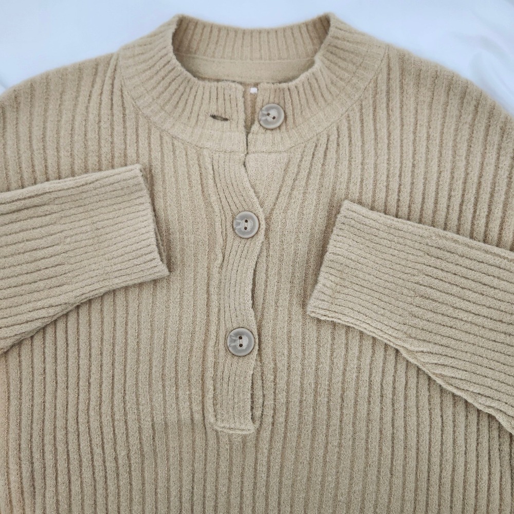 Free People Cocoa Henley Pullover Sweater Womens Medium Sugar Cookie Oversized
